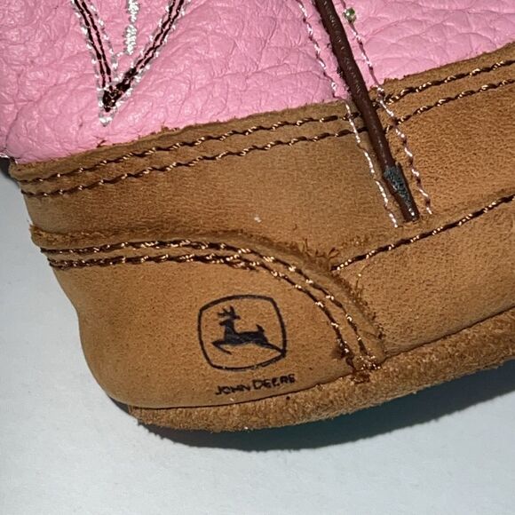 John Deere Infant Baby Girl Cowgirl Boots Pink Tan Leather Size 4 Soft Sole Grip - Picture 7 of 13